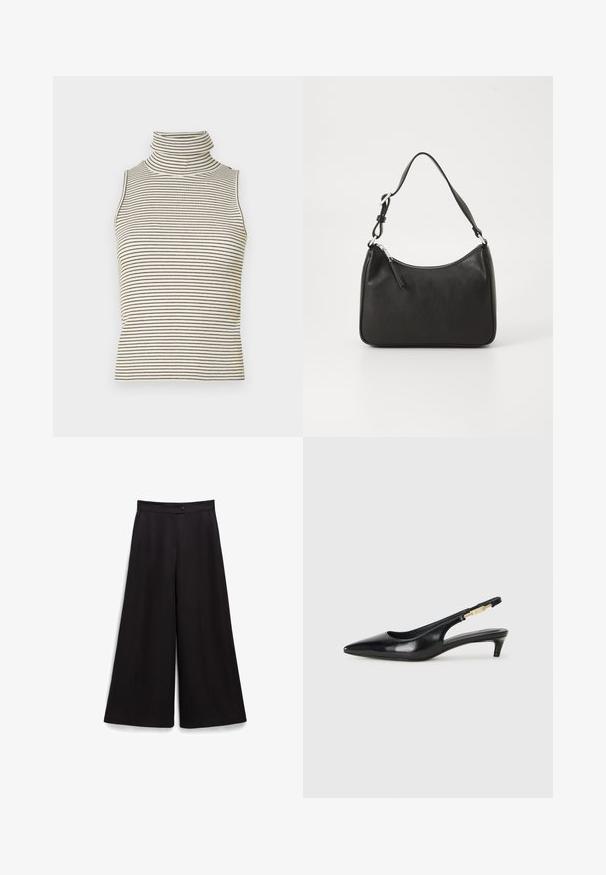 Top bez rukávů s vysokým, těsným rolákem a vertikálními černobílými pruhy, vyrobený z texturované pleteniny.; Černé široké kalhoty s hladkým povrchem, knoflíkovým zapínáním v pase a volným střihem. Žádné viditelné vzory nebo akcenty.; Černé kožené boty na podpatku s otevřenou patou a špičatou špičkou, s tenkým podpatkem a zlatým akcentem na nastavitelném pásku. Hladký povrch.; Černá kožená kabelka s zakřiveným tvarem, s jedním popruhem, zipovým uzávěrem a decentním logem na přední straně. Hladká textura, minimalistický design.