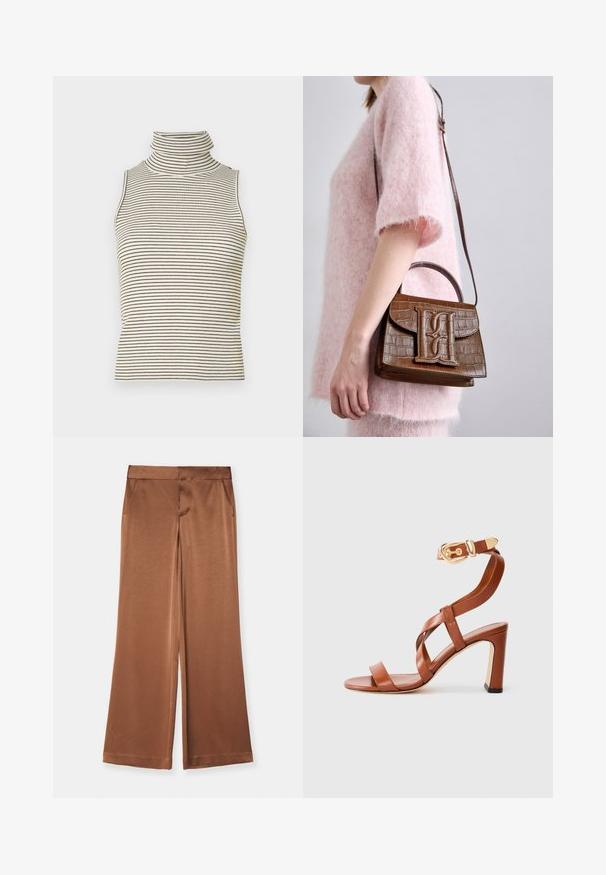 Varrukateta turtleneck-särk, millel on vertikaalsed mustad ja valged triibud, valmistatud tekstureeritud kudumkangast ning millel on kõrge ja tihedalt istuv krae.; Pruunid laiad püksid satiinist, millel on küljetaskud, sile tekstuur ja kohandatud vöökoht struktureeritud istuvuse saavutamiseks.; Pruun nahkne kontsaga sandaal, millel on rihmadega disain ja pahkluu pannal. Omab suletud seljaosa ja kõrgeid, jämedaid kontsi. Sile tekstuur.; Pruun krokodillimustriga käekott koos ülemise käepideme ja õlavöödiga. Esiküljel on väljapaistev logo. Pehme tekstuur.