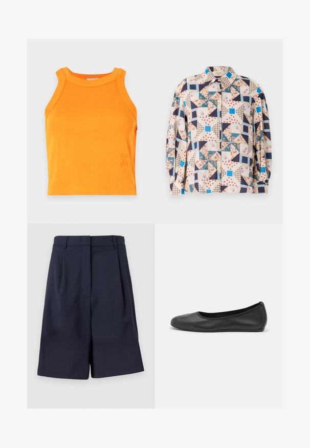 Top de culoare portocalie, cu nervuri, cu gât înalt și fără mâneci. Prezintă detalii subtile cu logo pe margine. Material moale și elastic.; Cămașă cu butoni, având un design patchwork cu modele florale și geometrice în tonuri de bej, albastru, bleumarin și roșu; mâneci lungi.; Șorturi bleumarin, croite, fabricate dintr-un material neted, cu talie înaltă, pliuri în față și buzunare pe laterale. Siluetă curată și structurată.; Balerini din piele neagră, cu vârf rotund, textură netedă, detalii de cusătură minimale și un design al tălpii flexibil.