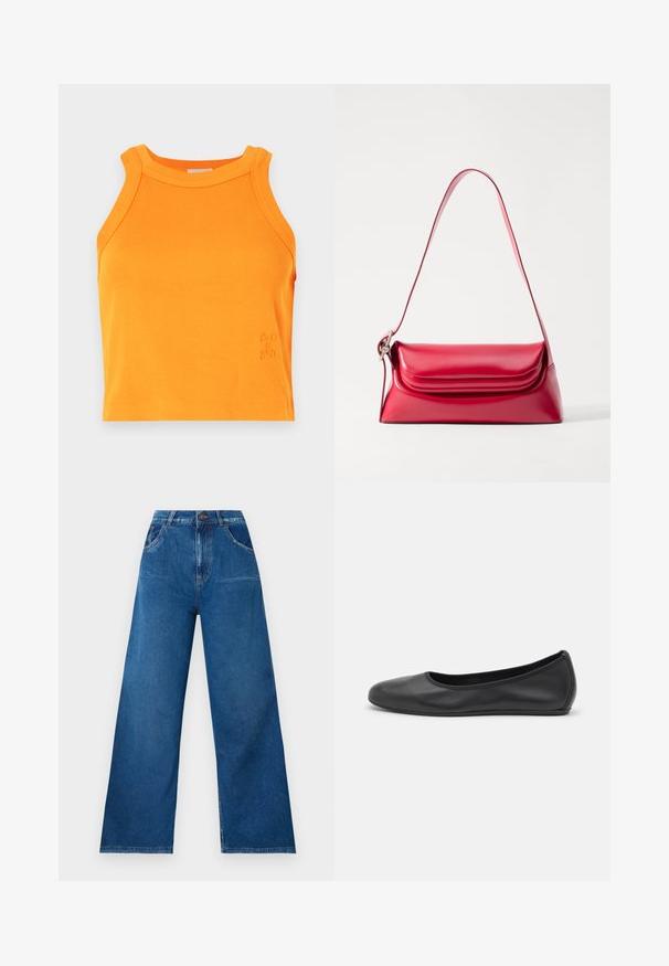 Ribbed orange tank top with a high neckline and sleeveless design. Features subtle logo detailing on the hem. Soft, stretchy material.; Wide-leg jeans in dark blue denim with a high waist, featuring front and back pockets, and contrast stitching details.; Black leather ballet flat with a rounded toe, smooth texture, minimal stitching detail, and a flexible sole design.; Red leather handbag with a structured shape, smooth texture, and a single adjustable strap. Features a rounded flap closure.