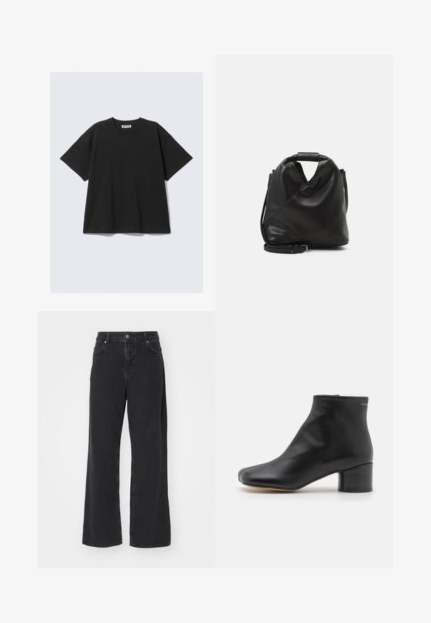 Camiseta negra de manga corta en algodón con un corte relajado, cuello redondo y diseño minimalista. Sin patrones ni acentos visibles.; Jeans negros de tiro alto, rectos, con botón frontal, presillas para cinturón y bolsillos, exhibidos sobre un fondo blanco.; Botín de cuero negro hasta el tobillo con punta redondeada, tacón bloque de altura media, textura suave y cierre de cremallera en la parte trasera.; Bolso de cuero negro y suave con un diseño retorcido único. Presenta un asa corta y una correa de hombro desmontable. Estilo minimalista.