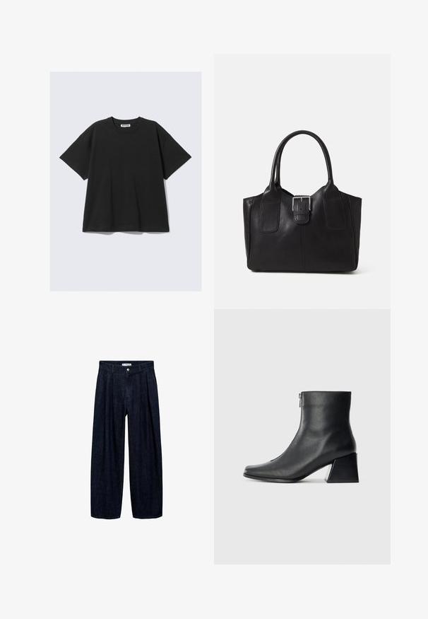 Tricou negru cu mânecă scurtă, din bumbac, cu o croială relaxată, guler rotund și un design minimalist. Fără modele sau accente vizibile.; Pantaloni largi din denim închis, cu pliseuri la talie, având un button frontal și pasaje pentru curea. Textură netedă și design pe întreaga lungime.; Botină neagră din piele, cu vârf pătrat, fermoar pe lateral și toc bloc, pe un fundal simplu deschis.; Geantă tote din piele neagră cu textură netedă, formă structurată, două mânere și un detaliu proeminent din aliaj de argint pe partea din față.; Cercei din argint cu stud pătrat, având un finisaj neted și lustruit, într-o formă de lacrimă, care reflectă lumina cu o suprafață lucioasă.