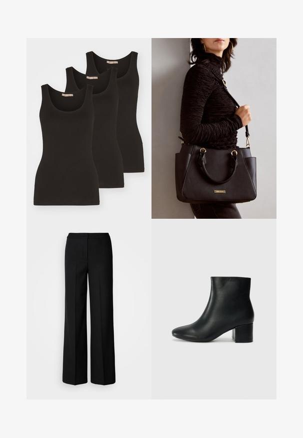Drie zwarte tanktops van katoen, met een ronde halslijn en smalle schouderbandjes. Ze hebben een gladde textuur en een aangesloten ontwerp.; Zwarte wijde broek van een gladde stof, met een hoge taille, nauwkeurig gestikte naden en een minimalistisch ontwerp. Geen zichtbare hardware of zakken.; Zwarte leren enkellaarzen met een spitse neus en een chunky hak. Gladde textuur met minimale accenten en een slank, strakk ontwerp.; Zwarte handtas met gestructureerd oppervlak, dubbele bovenhandvatten en verstelbare schouderriem. Voorzien van goudkleurige hardware en zijzakken.