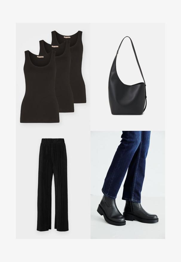 Tre sorte tanktoppe lavet af bomuld, med rund udskæring og smalle stropper. De har en glat tekstur og en tætsiddende pasform.; Sorte plisserede bukser med elastisk talje. Har brede ben og et glat, tekstureret stof med lodrette striber.; Sorte læder ankelstøvler med en kraftig sål og elastiske sider, parret med mørkeblå jeans. Gulvet er lysfarvet.; Sort læder hobo taske med en glat overflade, buet form og en enkelt justerbar rem; har en bred åbning øverst.