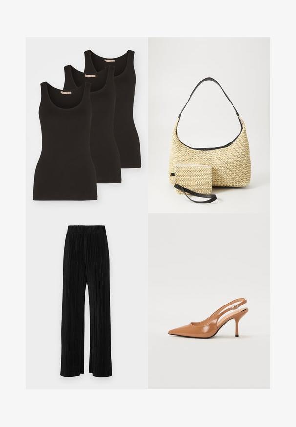 Drei schwarze Tanktops aus Baumwolle, mit einem runden Halsausschnitt und schmalen Trägern. Sie haben eine glatte Textur und ein figurbetontes Design.; Schwarze plissierte Hose mit elastischem Bund. Verfügt über weite Hosenbeine und einen glatten, strukturierten Stoff mit vertikalen Streifen.; Spitz zulaufender Slingback-Absatz aus einem glatten, glänzenden, tanfarbenen Material. Mit einem geschwungenen Ausschnitt-Design und einem schlanken Stiletto-Absatz. Silberne Schnallendetails.; Geflochtene Strohtasche mit geschwungener Silhouette, ausgestattet mit einem glatten schwarzen Ledergriff und einem passenden kleinen Beutel, der mit einem Handgelenkriemen befestigt ist.