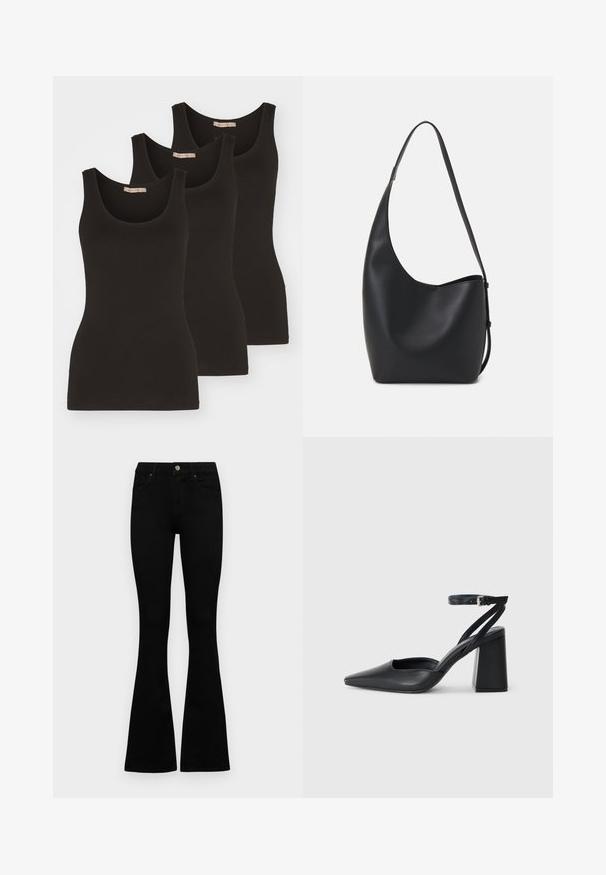 Tričká bez rukávov v čiernej farbe, vyrobené z bavlny, s okrúhlym výstrihom a úzkymi ramienkami. Majú hladkú textúru a priliehavý strih.; Čierne vysoké nohavice s gombíkom a zipsom, predné vrecká a rozšírené nohavice položené na bielom pozadí.; Čierne kožené lodičky s špicatou špičkou a členkovým remienkom, s masívnym podpätkom. Hladký povrch, elegantný dizajn a minimalistická estetika.; Čierna kožená hobo taška so hladkou textúrou, zakriveným tvarom a jedným nastaviteľným popruhom; má široké otvorenie na vrchu.