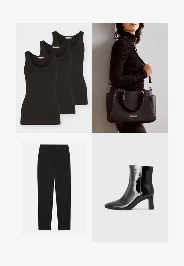 Tre sorte tanktoppe lavet af bomuld, med rund udskæring og smalle stropper. De har en glat tekstur og en tætsiddende pasform.; Sorte bukser med en skræddersyet design, der har sidelommer og lige ben. Lavet af glat, letvægtsstof med en elegant finish.; Sort lakeret ankelstøvle med spids tå og en midt-højde blokhæl. Glat tekstur og minimalistisk design.; Sort håndtaske med struktureret overflade, dobbelt topbærere og justerbar skulderrem. Udstyret med guldfarvet metalhardware og sidelommer.