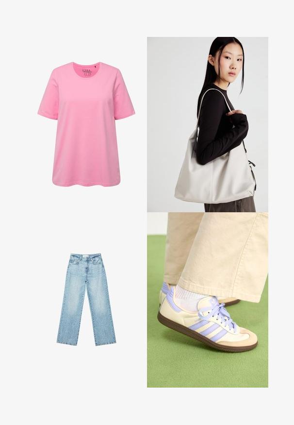 Růžové bavlněné tričko, krátké rukávy, kulatý výstřih, volný střih, hladká textura, žádné viditelné vzory ani akcenty.; Světle modré džíny s širokými nohavicemi a vysokým pasem, s bledým odstínem a malými, rozptýlenými detaily opotřebení po celém povrchu.; Krémové a levandulové tenisky se třemi pruhy a texturovanou hnědou podrážkou, vybavené tkaničkami a polstrovanou patou. Měkký textilní svršek.; Beige kabelka vyrobená z měkkého materiálu, s volným designem, prošívanými detaily a dvěma ramenními popruhy. Vhodná pro každodenní použití.