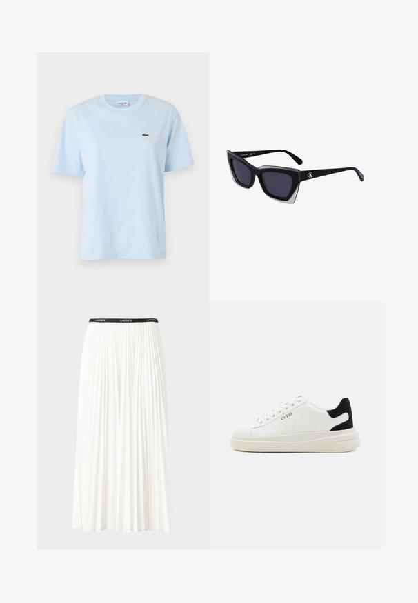 Šviesiai mėlynas medvilninis marškinėliai trumpomis rankovėmis, apvaliu kaklu ir maža žalia siuvinėta krokodilo logotipu ant kairiojo krūtinės.; Pleated balta sijonas su juodu elastiniu juosmeniu, ant kurio yra "LACOSTE" logotipas. Vidutinio ilgio dizainas su švelnia tekstūra.; Baltos odinės sportbačiai su storu baltu padu, juodu nubuko kulno akcentu ir iškilmingu logotipu šone. Su raišteliais, turinčiais šešis akinius.; Juodos didelės saulės akinių su geometrine forma, turinčiais tamsius objektyvus ir kontrastingą pilką detalę ant rėmelio. Logotipas ant šalon.