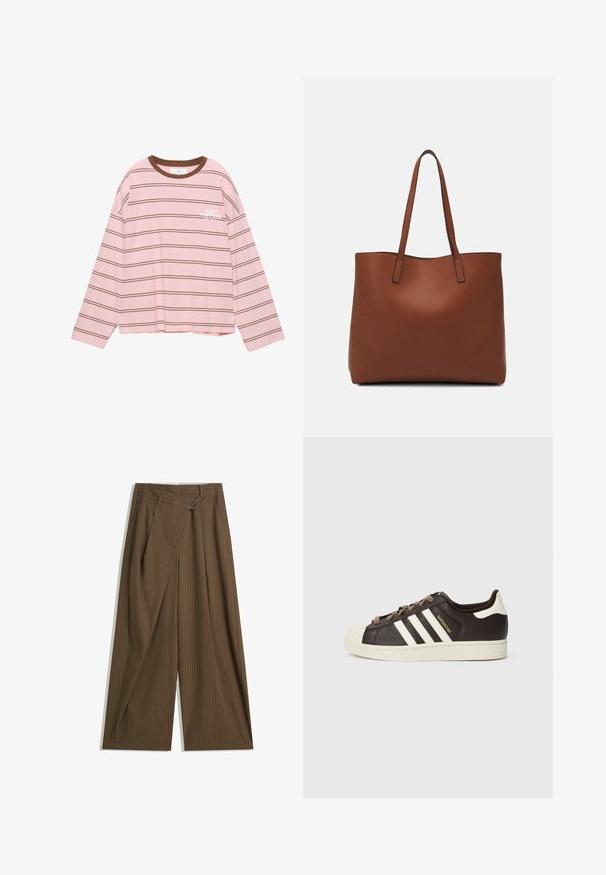 Langærmet lyserød t-shirt med brune vandrette striber. Har en brun rund halsudskæring og hvid tekst "DON'T POSTPONE" på brystet.; Brune brede bukser med fine hvide striber, høj talje, for-trykknaplukning og omslags-panel i front.; Low-top Adidas Superstar-sneaker i mørkebrunt læder med cremefarvet skal-tå, hvide striber og teksten "Superstar" på siden.; Brun læder tote taske med en glat overflade, åben topdesign og to skulderremme. Har minimal syning og ingen synlig hardware.