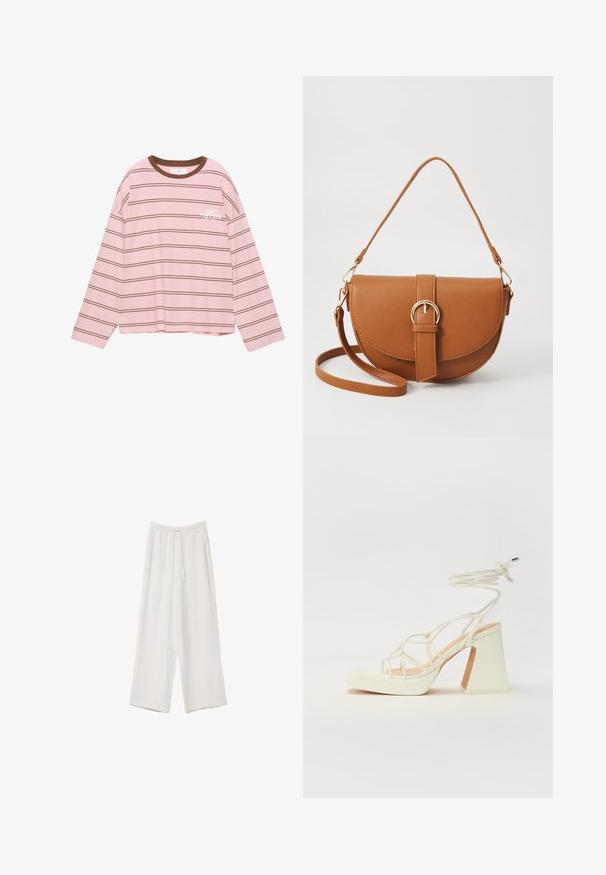 Langærmet lyserød t-shirt med brune vandrette striber. Har en brun rund halsudskæring og hvid tekst "DON'T POSTPONE" på brystet.; Hvide bukser med bred benlængde lavet af et letvægtsstof. Har et elastisk talje med snor og sidelommer. Glat tekstur.; Hvide højhælede sandaler med en kraftig hæl, der har et stropdesign og ankelbinding. Glat tekstur med en platform foran for ekstra højde.; Brun læder crossbody taske med en buet form, guldfarvet hardware og en spændeaccent. Har en aftagelig skulderrem.