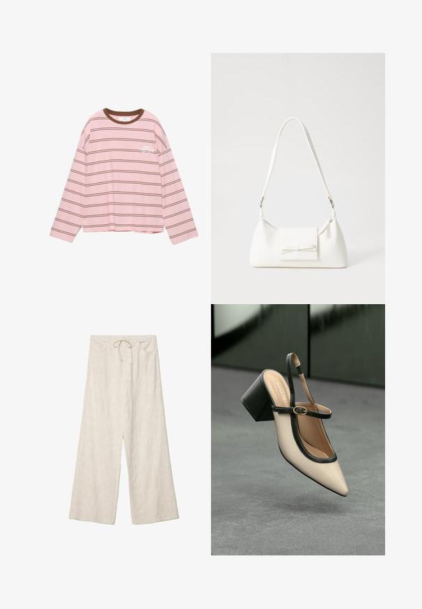 Różowa koszulka z długim rękawem w brązowe poziome paski. Posiada brązowy okrągły dekolt i biały napis "NIE ODKŁADAJ" na klatce piersiowej.; Spodnie o szerokich nogawkach w jasnym kremowym kolorze, z teksturowanym wzorem kwiatowym, elastycznym paskiem w talii oraz kieszeniami z przodu.; Beżowe buty typu slingback z ostrym noskiem, czarnym wykończeniem, złotą klamrą i grubym obcasem na szarym podłożu z ciemnozielonym tłem.; Biała syntetyczna torba o trójkątnym kształcie, płaskim przednim klapce i detalach w postaci kokardy, regulowanym pasku, gładkiej fakturze oraz minimalistycznym designie.
