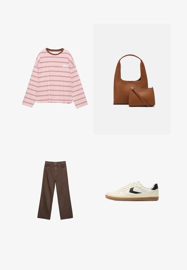 Różowa koszulka z długim rękawem w brązowe poziome paski. Posiada brązowy okrągły dekolt i biały napis "NIE ODKŁADAJ" na klatce piersiowej.; Szerokie brązowe dżinsy wykonane z denimu, z wysokim stanem, przednimi kieszeniami i klasycznym zapięciem na guzik. Gładka faktura z subtelnym przeszyciem.; Bershka - Sneakersy niskie; Brązowa syntetyczna torebka z zakrzywionym uchwytem i gładką fakturą. Zawiera pasującą małą saszetkę z zamkiem błyskawicznym. Minimalistyczny design.