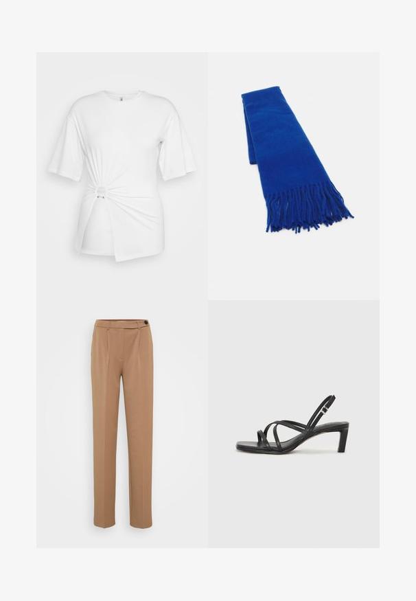 Balta marškinėliai, pagaminti iš minkštos medvilnės, su trumpomis rankovėmis, suktos mazgo detalėmis priekyje ir akcento žiedu liemenyje.; Rudos pritaikytos kelnės su tiesia kojomis, turinčios vieną mygtuką ir pūsto priekinį dizainą. Sklandus paviršius, minimalistinis stilius.; Juodi šlepetės su kvadratiniu pirštu ir žemu bloku kulnu. Yra keli ploni dirželiai ir reguliuojamas kulkšnies diržas. Pagaminti iš lygios odos.; Mėlyna audinė skara su kutais, lygi tekstūra, stačiakampio formos ir vienoda spalva visame paviršiuje. Tinka šaltam oras.