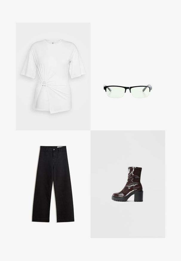Vit T-shirt av mjuk bomull, med korta ärmar, en vriden knutdetalj fram och en accentring i midjan.; Svarta vida denimbyxor med hög midja, med fram- och bakfickor, sydda sömmar och knappstängning. Slät textur.; Glansig bordeauxfärgad ankelsko med en kraftig svart klack, som har en slät yta och enkel design. Inga synliga stängningar eller mönster.; Svarta rektangulära glasögon med klara linser, med eleganta svarta bågar och grå genomskinliga tempelspetsar. Minimalistisk design, utan synlig varumärkeslogotyp.; Svart mockaväska med släta läderdetaljer, dubbla rundade handtag, en avtagbar rem och metalldragkedjestängning. Logotyp pr präglad på framsidan.
