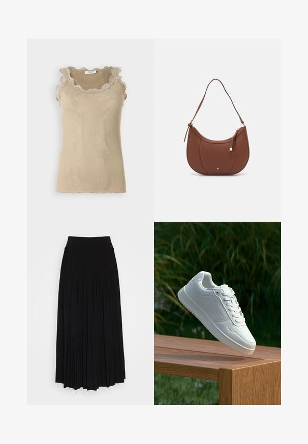 Top de tip tank beige cu dantelă cu margini ondulate la gât și la trim. Prezintă un design fără mâneci și o formă ajustată. Fabricat dintr-un material moale.; Fustă plisată neagră cu un talie înaltă, elastică. Fabricată dintr-un material moale, prezintă plisuri verticale pentru o siluetă fluidă.; Sneaker alb cu un upper sintetic neted, cu vârf perforat, șireturi plate și o talpă texturată, expus pe o suprafață de lemn.; Geantă de umăr din piele ecologică maro, cu o formă curbată, cusături minime și un accent din metal auriu. Are un închidere cu fermoar în partea de sus și o curea ajustabilă.