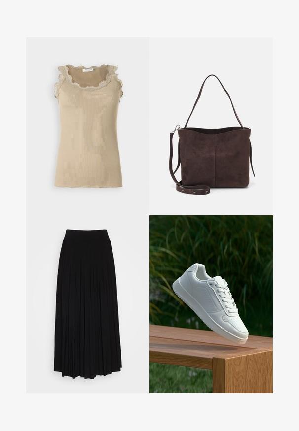 Top de alças bege com nervuras e decote e acabamento de renda em forma de onda. Apresenta um design sem mangas e uma silhueta justa. Feito de um tecido macio.; saia preta plissada com uma cintura alta e elástica. Feita de um tecido macio, com plissados verticais que criam uma silhueta fluida.; Sapatilha branca com um cabedal sintético liso, caixa dos dedos perfurada, atacadores planos e uma sola texturizada, exposta sobre uma superfície de madeira.; Saco tote em camurça castanha com uma textura suave, apresentando uma única alça de ombro e uma abertura superior levemente curvada. Sem detalhes de hardware visíveis.