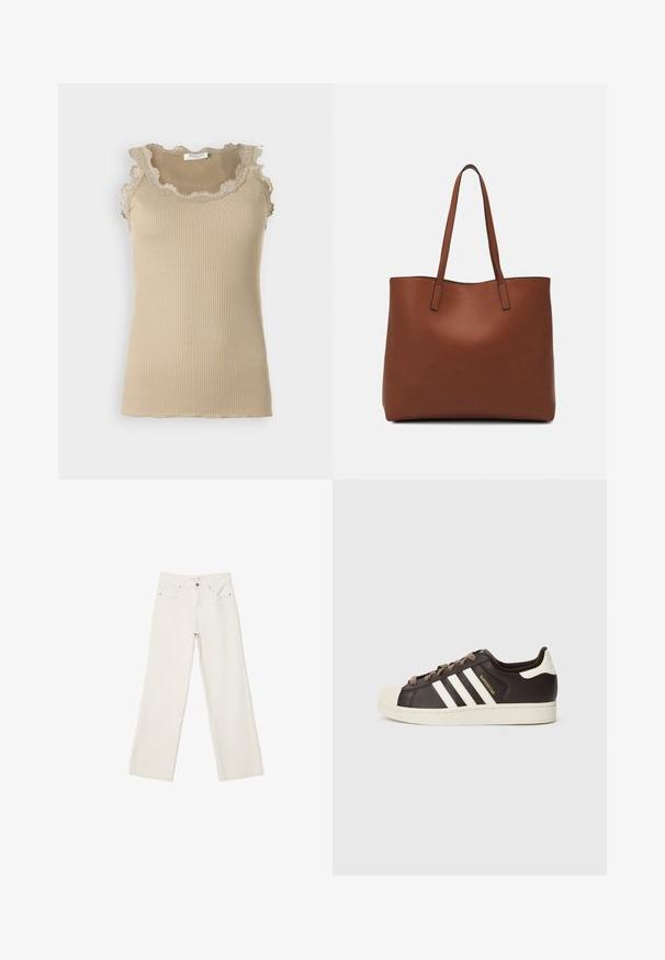 Bež majica bez rukava s rebrastim uzorkom, koja ima čipkast rub s valovitim oblikom. Ima uski kroj i izrađena je od mekanog materijala.; Bijele široke traperice s visokim strukom, prednjim džepovima i dugmetom za zatvaranje. Čist dizajn s minimalnim naglascima.; Niska Adidas Superstar tenisica od tamnobraon kože s krem školjkastim vrhom, bijelim prugama i natpisom "Superstar" sa strane.; Smeđa kožna torba preko ramena s glatkom teksturom, otvorenim vrhom i dvjema naramenicama. Ima minimalne šavove i nema vidljivog hardvera.