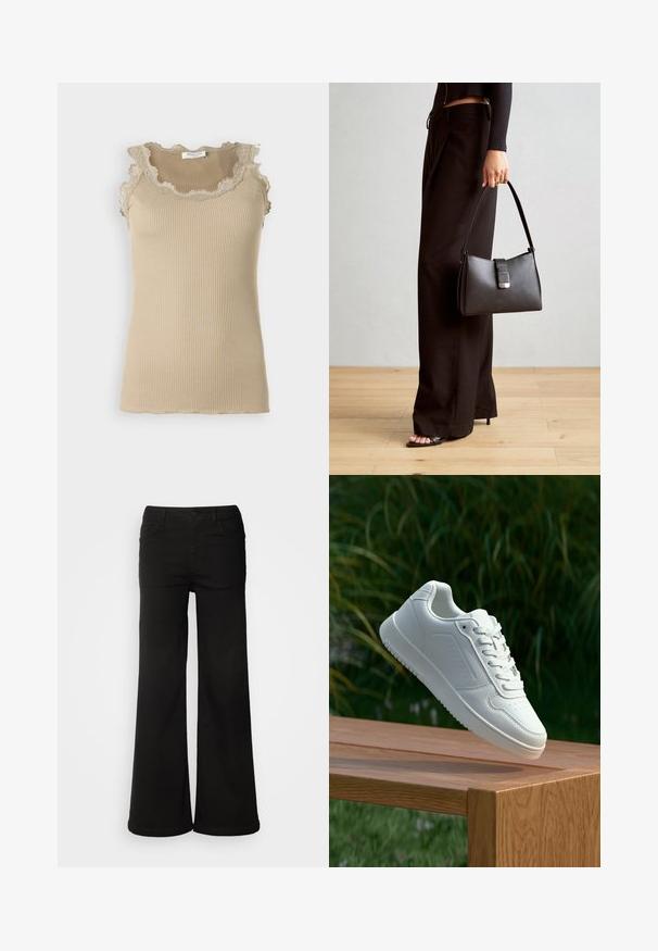 Bézs csíkozott ujjatlan top, fodros csipke nyakkivágással és díszítéssel. Jellemzője az ujjatlan fazon és az illeszkedő forma. Puha anyagból készült.; Fekete, bő szárú nadrág, amely denim anyagból készült, elülső zsebekkel, gombos záródással és sima felülettel rendelkezik, tiszta vonalakkal.; Fehér sportcipő sima szintetikus felsőrésszel, perforált lábujjrész, lapos fűzőkkel és texturált talppal, fából készült felületen kihelyezve.; Fekete kézi táska strukturált formával, sima textúrával és fémből készült záródással. Széles fekete nadrággal és nyitott orrú szandállal párosítva, fából készült padlón.