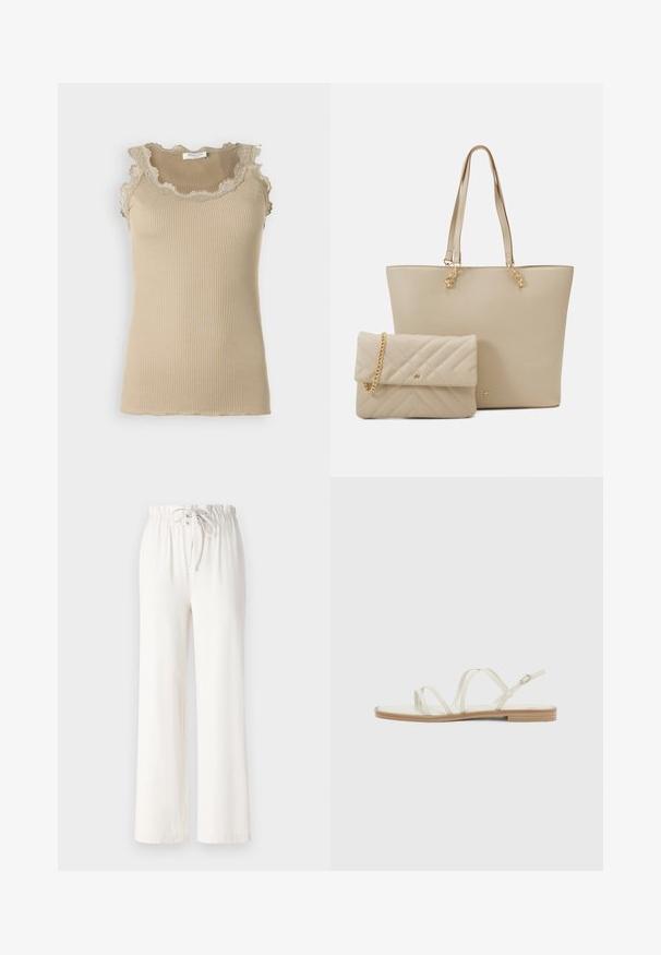 Top de alças bege com nervuras e decote e acabamento de renda em forma de onda. Apresenta um design sem mangas e uma silhueta justa. Feito de um tecido macio.; Calças largas brancas feitas de tecido macio, com uma cintura elástica e textura suave. Sem padrões ou adornos visíveis.; As sandálias em bege claro apresentam várias tiras finas, uma tira de tornozelo ajustável e uma sola plana com acabamento semelhante a madeira.; Saco tote bege com alças planas, textura suave e acessórios em dourado, combinado com uma mala clutch acolchoada correspondente, apresentando uma alça de corrente.