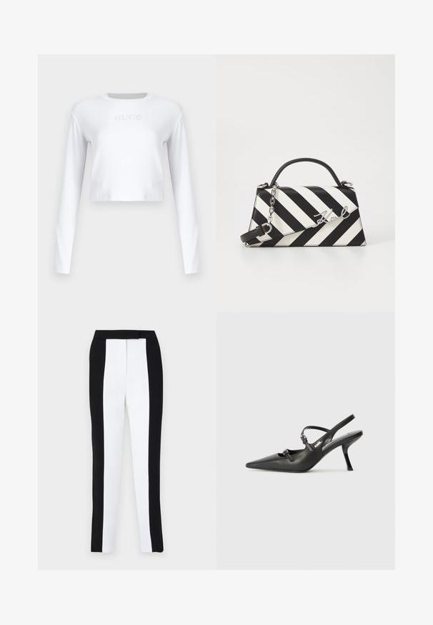 Valkoinen pitkähihaisesti cropped toppi, joka on valmistettu sileästä kankaasta. Edessä on huomaamaton "HUGO"-logo vaaleanharmaana.; Musta-valkoiset kapenevat housut, joissa on slim fit-malli ja erottuvat paneelit. Kangas on sileä, ja vyötärö on litteä ja hyvin istuva.; Mustat nahkaiset slingback-korkokengät, joissa on terävä kärki, hoikka korko ja koristeellinen solkityyny varpailla. Tasainen pinta ja tyylikäs muotoilu.; Mustikkamustavalkoinen raita käsilaukku, jossa on jämäkkä muoto, ylhäällä oleva kahva, irrotettava ketjuhihna ja metallinen logoelementti.