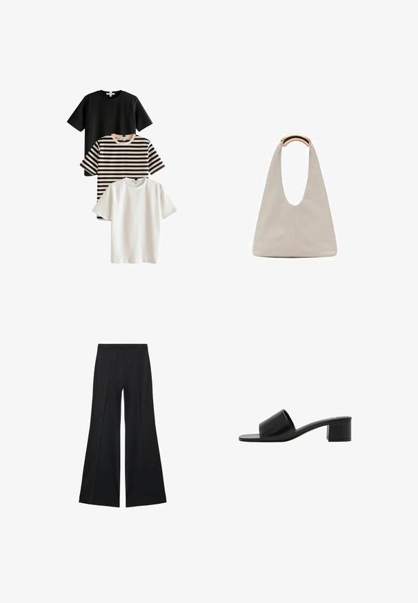 Kolme T-paitaa: yksi musta, yksi valkoinen ja yksi raidallinen musta-beige. Kaikissa on lyhyet hihat ja pyöreä kaula-aukko, ja ne on valmistettu sileästä kankaasta.; Mustat leveälahkeiset housut, joissa on sileä pinta, etupuolella laskokset ja muotolaskettu malli. Kangas on kevyttä ja laskeutuvaa.; Mustat nahkaiset avonkorkoiset liukusandaalit leveällä hihnalla ja tukevalla lohkokannan. Ominaisuuksiin kuuluu sileä pinta ja minimalismia korostava muotoilu.; Vaalea harmaa nahkalaukku, jossa on U-muotoinen muotoilu ja kaareva metallikahva. Suora pinta, jossa on minimaalinen ompelu ja ei näkyviä kuvioita.