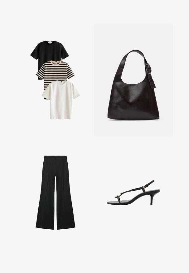 Tre T-shirt: una nera, una bianca e una a righe in nero e beige. Tutte presentano maniche corte e collo rotondo, realizzate in un tessuto morbido.; Pantaloni neri a gamba larga con una texture liscia, caratterizzati da pieghe frontali e un design sartoriale. Il tessuto è leggero e fluido.; Sandal con zeppa kitten nera in pelle, con sottili cinturini, fibbia dorata e una minimalista fascetta per le dita su sfondo bianco.; Borsa a spalla in pelle marrone con una texture liscia, forma arrotondata, ampia tracolla e un accento metallico circolare sul manico.