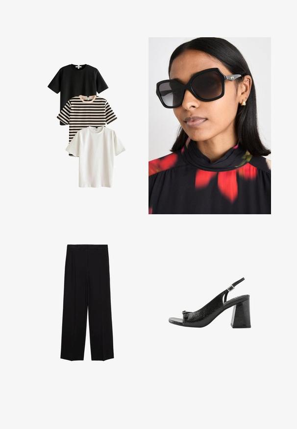 Kolme T-paitaa: yksi musta, yksi valkoinen ja yksi raidallinen musta-beige. Kaikissa on lyhyet hihat ja pyöreä kaula-aukko, ja ne on valmistettu sileästä kankaasta.; Mustat leveät housut, joissa on sileä kangas, etuosassa laskokset ja sivutaskut, suunniteltu suoralla, rentolla leikkauksella.; Next Sandaalit nilkkaremmillä - black; Mustat ylisuuret aurinkolasit geometrisella kehyksellä, tummennetut linssit ja kultasävyiset yksityiskohdat, yhdistettynä kukkakuosisella korkeakaulaisella paidalla.; Ruskea nahkainen laukku, jossa on kerätty yläosa ja ketjuhihna. Tasainen pinta, jossa kiiltävä viimeistely ja hienovaraiset sauman yksityiskohdat sivuilla.