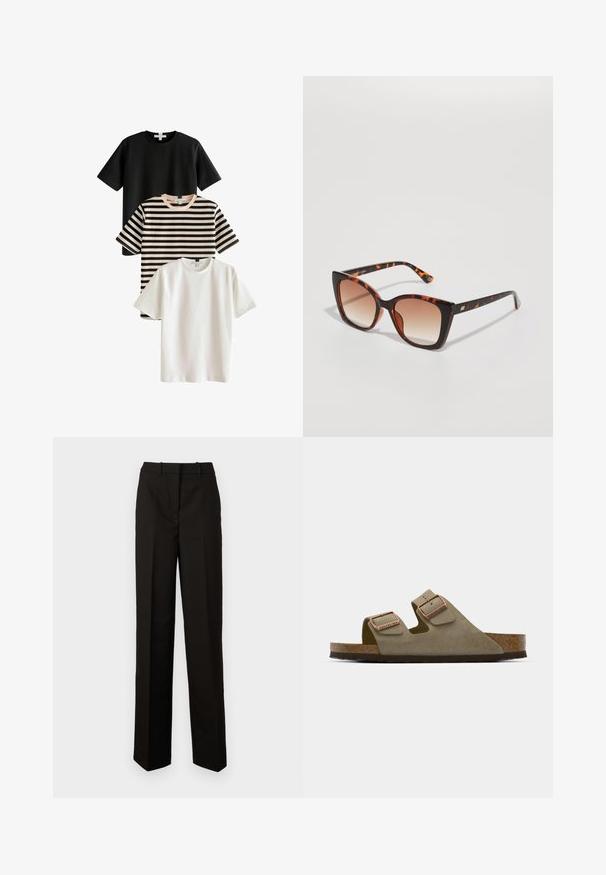 Tričko: jedno čierne, jedno biele a jedno pruhované v čiernej a béžovej farbe. Všetky majú krátke rukávy a okrúhle výstrihy, sú vyrobené z hladkej látky.; Čierne nohavice z hladkej tkaniny, so strihom rovného nohavca, dvoma prednými vreckami a plochým predným dielom s pútkami na opasok.; Svetlo taupe semišové sandále s dvoma nastaviteľnými pásikmi a ružovým zlatom. Korková stielka na textúrovanej hnedej podrážke. Dizajn s otvorenou špičkou.; Želvovinové slnečné okuliare s prehnanými štvorcovými šošovkami, prechodovým hnedým zafarbením a elegantnými, lesklými ramenami s jemnými kovovými akcentami.; Čierna a hnedá kabelka s vzorom so štruktúrovaným tvarom, disponujúca hladkým koženým dnom a hornou rukoväťou so zlatými kovovými detailmi.
