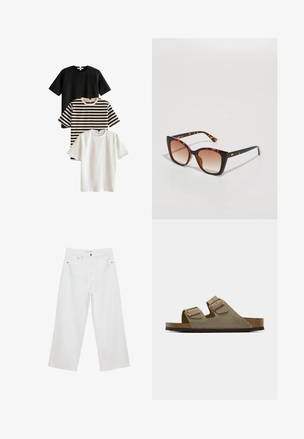 Tři trička: jedno černé, jedno bílé a jedno proužkované v černé a béžové. Všechna mají krátké rukávy a kulatý výstřih, vyrobená z hladké tkaniny.; Bílé široké džíny z denimu s vysokým pasem, které mají pět kapes a kovové ozdoby. Hladký povrch, bez viditelných vzorů.; Světlé taupe semifinálové sandály s dvěma nastavitelnými pásky a hardwarem v růžovém zlatě. Korek vyplněná stélka na texturované hnědé podrážce. Design s otevřenou špičkou.; Želvovinové sluneční brýle s nadměrnými čtvercovými čočkami, gradientním hnědým zbarvením a elegantními, lesklými rameny s jemnými kovovými akcenty.; Černá a hnědá kabelka s vzorovaným designem a strukturovaným tvarem, s hladkým koženým dnem a horním držadlem se zlatými kovovými detaily.