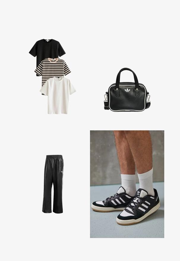 Drie T-shirts: een zwarte, een witte en een gestreepte in zwart en beige. Alle hebben korte mouwen en een ronde hals, gemaakt van gladde stof.; Zwarte synthetische trainingsbroek met een elastische tailleband, voorzien van witte zijstrepen en een klein wit logo op de linkse heup.; Zwart-witte sneakers met een bovenwerk van suede en leer, voorzien van drie witte strepen, een geperforeerde neus en een rubberen gumzool.; Zwarte leren handtas met twee korte handvatten, zilverkleurige hardware, witte accenten en een wit logo. Heeft een gestructureerd oppervlak en een compact ontwerp.