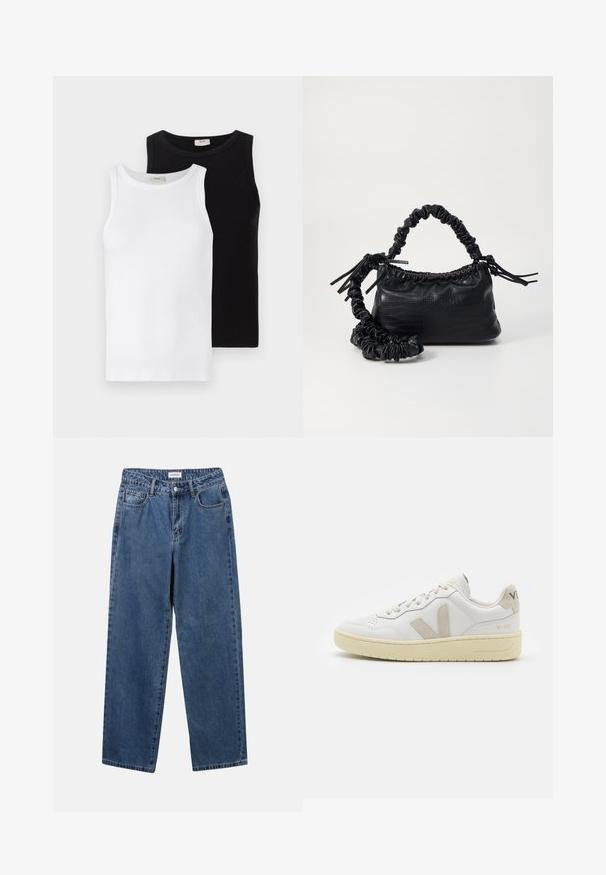 Du žakardo be rankovių marškinėliai, vienas baltas, kitas juodas, su apvaliais iškirpimais ir sklandžiu paviršiumi, pateikti vienas šalia kito.; Klasikiniai mėlynos džinsinio audinio džinsai su tiesiomis kojomis, penkiomis kišenėmis ir mygtukų uždarymu. Pasižymi vidutiniu skalbimu ir tvirtu audiniu.; Balti odiniai sportbačiai su kreminiais zomšos akcentais, perforuota pirštų dalimi, plokščiomis raišteliais ir struktūruota kreminėmis padomis. Ant kulno yra subtilus ženklinimas.; Juodas dirbtinės odos rankinė su krokodilo tekstūra, sušnibždinta viršuje ir susikraipytu dirželiu. Atrodo minkšta ir kompaktiška.