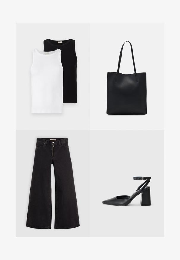 Duas t-shirts sem mangas de nervuras, uma branca e outra preta, com decotes redondos e uma textura suave, apresentadas lado a lado.; Calças de ganga de perna larga em denim preto com fecho éclair à frente, design de cinco bolsos e detalhes de costura subtil. Textura suave e estilo casual.; Sandal com biqueira afilada em couro preto, com cinta no tornozelo e salto grosso. Textura lisa, design elegante e estética minimalista.; Bolsa tote preta em couro com textura lisa, forma retangular e duas alças longas. Sem hardware ou enfeites visíveis.