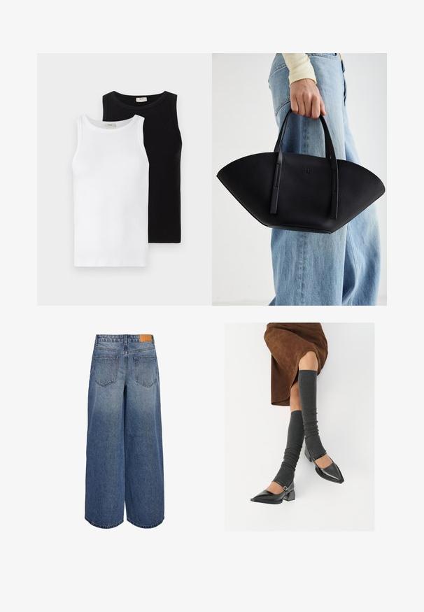 Två ribbade ärmlösa toppar, en vit och en svart, med rund halsringning och en mjuk yta, presenterade sida vid sida.; Breda denimculotter i medelblå tvätt med en urtvättad textur, med två bakfickor och en brun läderetikett med varumärket på midjan.; Svarta lackläderskor med spetsig tå, blockklack och ankelrem, i kombination med grå ribbade benvärmare och en brun mockakjol.; Svart läderhandväska med en unik fläktform, som har platta handtag. Ytan har en pebblad textur och en minimalistisk design.