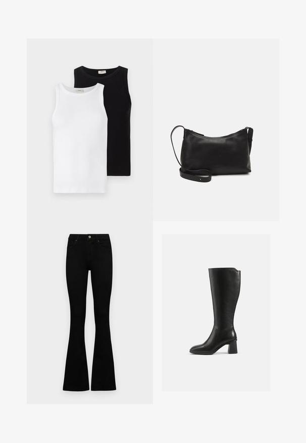 Two ribbed sleeveless tops, one white and one black, featuring round necklines and a smooth texture, presented side by side.; Black high-waist jeans with a button and zip closure, front pockets, and flared legs laid flat on a white background.; Black leather knee-high boot with a square block heel. Smooth texture, fitted design, minimal stitching detail, and rounded toe.; Black leather shoulder bag with a smooth texture, curved shape, adjustable strap, and a zip closure. Minimalist design without embellishments.