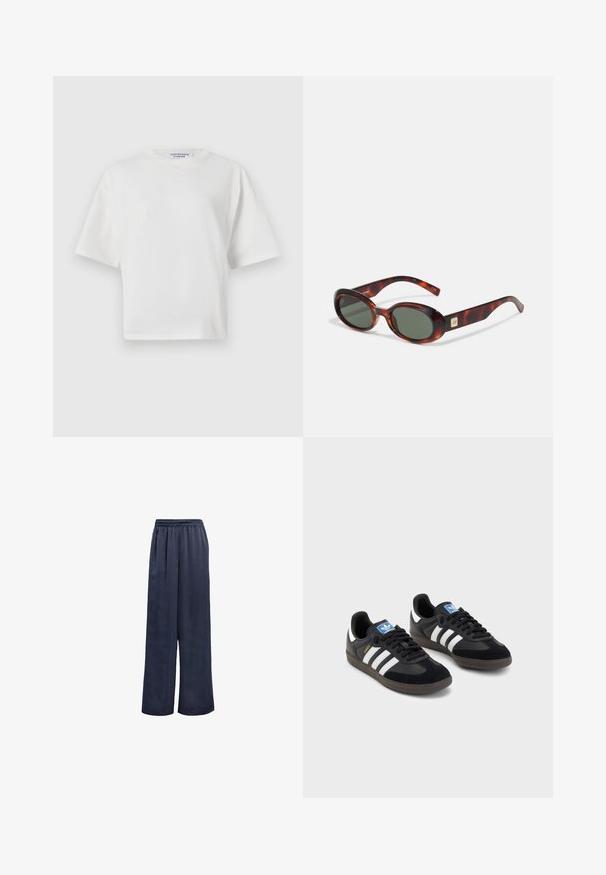 Camiseta blanca recortada con escote redondo, mangas cortas y una textura suave de algodón. Presenta una etiqueta de marca impresa en el cuello.; Pantalones de pierna ancha en color navy, confeccionados en una tela suave con cintura elástica y sin herrajes visibles. Presentan un ajuste relajado y un diseño de largo completo.; Zapatillas negras con un upper de ante y sintético, con tres rayas blancas, suela de goma texturizada y etiqueta de logo azul en la lengüeta.; Gafas de sol de carey con lentes oscuros, forma ovalada y varillas anchas. Presenta un pequeño acento dorado en el lateral. Material plástico suave.
