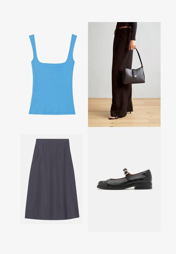 Niebieski podkoszulek z prążkowanego materiału, z szerokim kwadratowym dekoltem, bez rękawów i dopasowanym krojem. Gładka faktura z starannie wykończonymi krawędziami.; Spódnica w kształcie litery A w ciemnoszarym kolorze, wykonana z gładkiego materiału, z bocznymi kieszeniami, charakteryzująca się czystym pasem i subtelnymi przeszyciami.; Czarne lakierowane buty Mary Jane z okrągłym czubkiem, płaskim obcasem i paskiem ozdobionym złotą okrągłą klamrą. Gładka tekstura i wypolerowane wykończenie.; Czarna torebka o usztywnionym kształcie, gładkiej fakturze i metalowym zapięciem. Połączona z szerokimi czarnymi spodniami i sandałami na otwartym palcu na drewnianej podłodze.