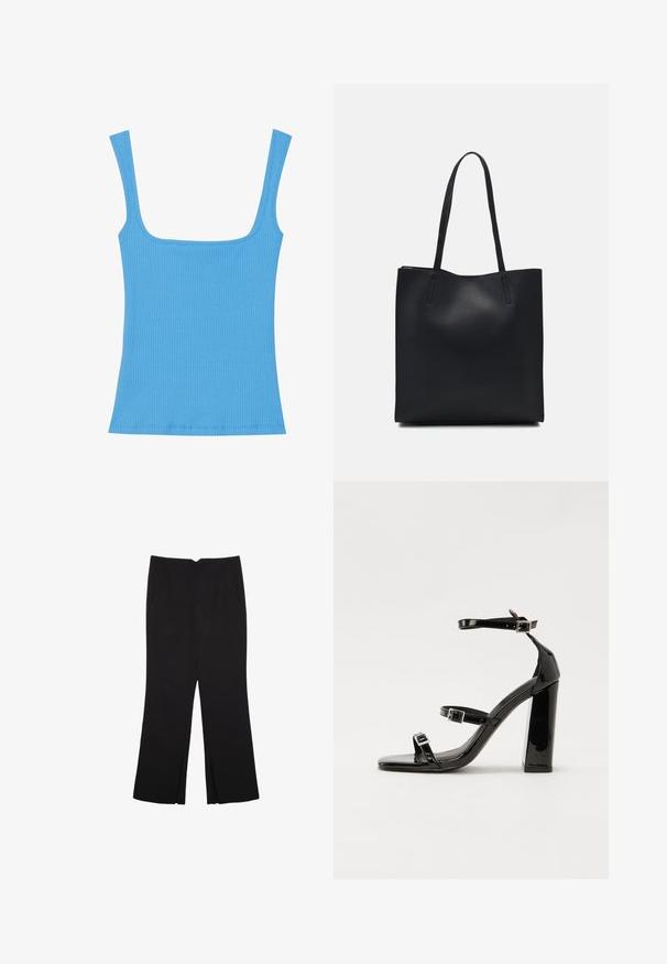 Blaue, gerippte Tanktop mit weitem quadratischen Ausschnitt, ärmellosem Design und taillierter Silhouette. Glatte Textur mit sauber genähten Kanten.; Schwarze Hose mit geradem Schnitt, ausgestattet mit Fronttaschen und Seitenschlitzen am Saum. Hergestellt aus weichem, glattem Stoff. Geeignet für verschiedene Anlässe.; Schwarze patentierte Sandalen mit Absatz, quadratischer Spitze, Knöchelriemen und silbernen Schnallen. Mit einem stabilen Blockabsatz für mehr Stabilität.; Schwarze Laptoptasche aus Leder mit glatter Textur, rechteckiger Form und zwei langen Griffen. Keine sichtbaren Beschläge oder Verzierungen.