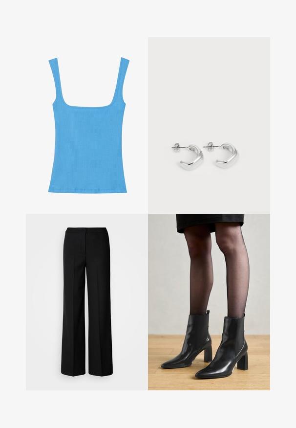 Mėlynas ribotas maikutė su plačiu kvadratiniu kaklu, be rankovių dizainu ir prigludusia siluetu. Glotnus paviršius su tvarkingai siūtais kraštais.; Juodos plačios kojų kelnės su lygia medžiaga, pasižyminčios aukštu liemeniu, pritaikytais siūlėmis ir minimalistiniu dizainu. Nėra matomų metalo detalių ar kišenių.; Juodos odinės aulinės botai su smailiu priekiniu galiuku, masyviu kvadratiniu kulnu ir elegantišku dizainu. Yra elastingos šoninės detalės, kad būtų lengva užsidėti.; Sidabrinės auskarų kilpos su lygiu, blizgiu paviršiumi. Apvalios formos su šiek tiek išlenktu dizainu ir sumaišytomis briaunomis. Smeigtuko užsegimas.