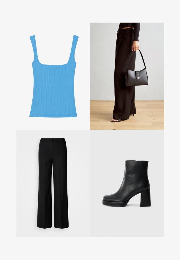 Blue ribbed tank top with wide square neckline, sleeveless design, and a fitted silhouette. Smooth texture with neatly sewn edges.; Black wide-leg trousers with a smooth fabric, featuring a high waist, tailored seams, and a minimalist design. No visible hardware or pockets.; Black leather ankle boot with a block heel and platform sole, viewed from the side on a plain white background.; Black handbag with structured shape, smooth texture, and a metallic clasp. Paired with wide black pants and open-toe sandals on wooden floor.
