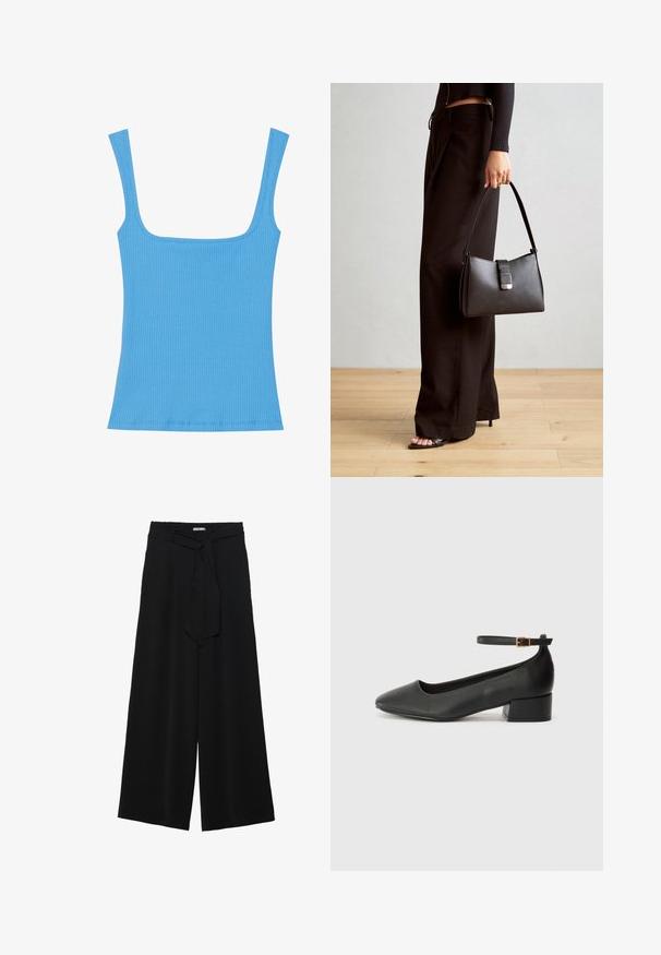 Mėlynas ribotas maikutė su plačiu kvadratiniu kaklu, be rankovių dizainu ir prigludusia siluetu. Glotnus paviršius su tvarkingai siūtais kraštais.; Juoda plačių kojų kelnės, pagamintos iš tekstūruoto audinio, su elastingu juosmeniu ir atsegamu diržu juosmenyje, leidžiančiu reguliuoti dydį.; Juodas odinis aukštakulnis batelis su smailiu pirštu ir žemu bloku. Su kulkšnies dirželiu su auksinės spalvos sagtimi. Lygus paviršius.; Juodas rankinė struktūrizuota forma, lygi tekstūra ir metalinis užsegimas. Suporuota su plačiomis juodomis kelnėmis ir atvirais bateliais ant medinių grindų.