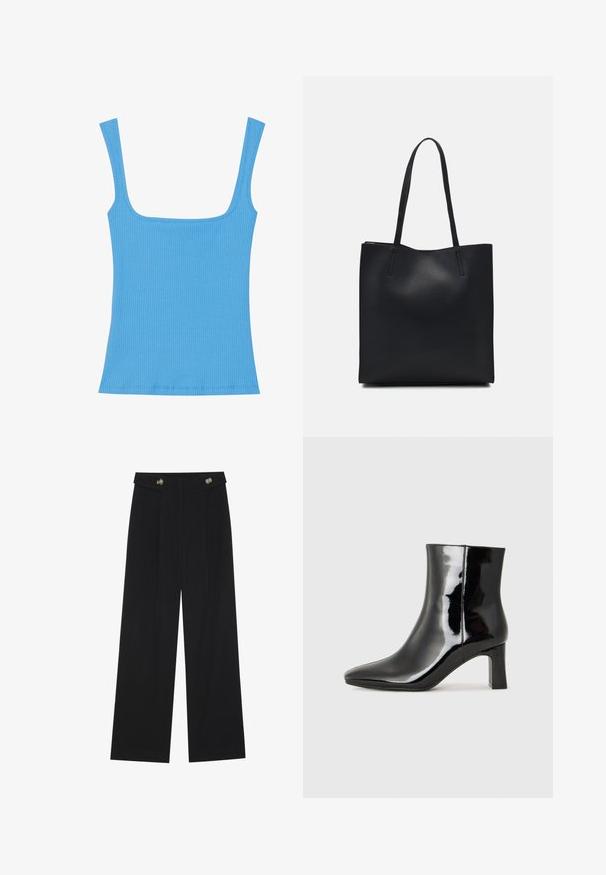 Blue ribbed tank top with wide square neckline, sleeveless design, and a fitted silhouette. Smooth texture with neatly sewn edges.; Black wide-leg trousers with high waist, button details on waistband, and front pleats.; Black patent leather ankle boot with a pointed toe and a mid-height block heel. Smooth texture and minimalist design.; Black leather tote bag with smooth texture, rectangular shape, and two long handles. No visible hardware or embellishments.