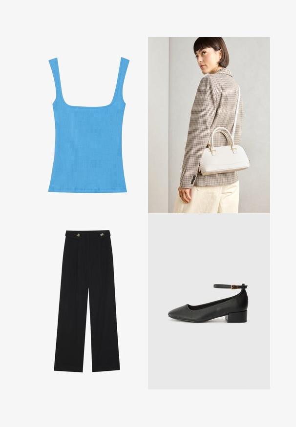 Blauwe geribde tanktop met een brede vierkante halslijn, mouwloos ontwerp en een getailleerde pasvorm. Gladde textuur met netjes gestikte randen.; Zwarte wijde broek met hoge taille, knoopdetails op de tailleband en plooien aan de voorkant.; Zwarte leren pump met een spitse neus en een lage blokhak. Beschikt over een enkelband met een goudkleurige gespsluiting. Gladde textuur.; Witte gestructureerde handtas met korte handvatten en een schouderband, voorzien van gouden hardwareaccenten en een textuurmateriaal, tentoongesteld tegen een grijze achtergrond.