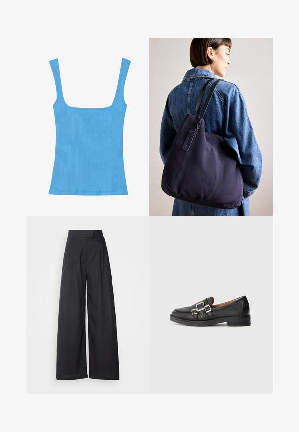 Top in maglia blu a coste con ampia scollatura quadrata, design senza maniche e silhouette aderente. Tessuto liscio con bordi cuciti in modo ordinato.; Pantaloni a gamba larga scuri con vita strutturata e pieghe. Realizzati in tessuto leggero, presentano una texture liscia e senza motivi visibili.; Mocassini in pelle nera con due fibbie in argento, caratterizzati da una superficie testurizzata e una suola piatta in gomma, progettati per comfort e abbigliamento informale.; Borsa a spalla in tela blu navy con una forma morbida e strutturata, dotata di una tracolla nera, dettagli cuciti e una piccola etichetta del marchio.