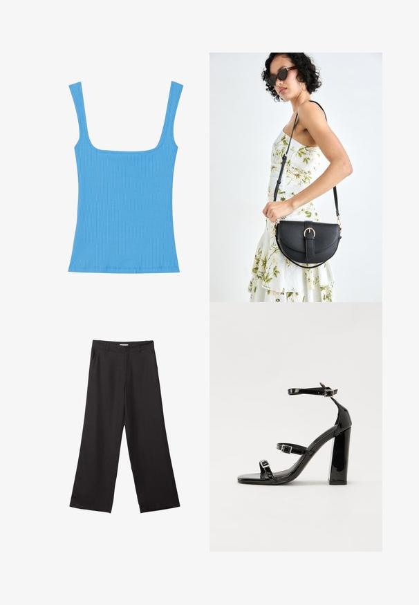 Blaue, gerippte Tanktop mit weitem quadratischen Ausschnitt, ärmellosem Design und taillierter Silhouette. Glatte Textur mit sauber genähten Kanten.; Schwarze weite Hosen aus glattem Stoff, mit einem Reißverschluss vorne und zwei seitlichen Taschen, maßgeschneiderter Passform und minimalistischem Design.; Schwarze patentierte Sandalen mit Absatz, quadratischer Spitze, Knöchelriemen und silbernen Schnallen. Mit einem stabilen Blockabsatz für mehr Stabilität.; Schwarze Lederhandtasche mit geschwungener Form, abnehmbarem Tragegurt und goldenen Beschlägen. Die Tasche verfügt über einen Deckel mit einer Schnallen-Details.
