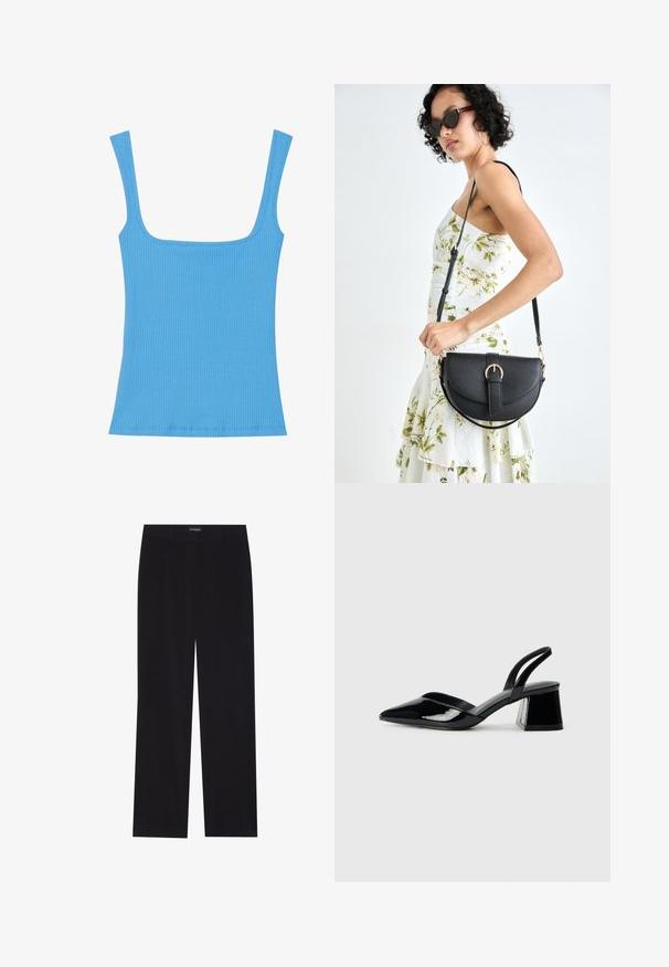 Blaue, gerippte Tanktop mit weitem quadratischen Ausschnitt, ärmellosem Design und taillierter Silhouette. Glatte Textur mit sauber genähten Kanten.; Schwarze Corduroyhose mit geradem Schnitt, flachem Bund und ohne sichtbare Taschen, glatte Textur und vertikale Rippendetails.; Schwarze Lackleder-Slingback-High Heels mit spitzem Schuh und einem geometrischen Blockabsatz. Verfügt über ein schlankes, minimalistisches Design und eine glatte Textur.; Schwarze Lederhandtasche mit geschwungener Form, abnehmbarem Tragegurt und goldenen Beschlägen. Die Tasche verfügt über einen Deckel mit einer Schnallen-Details.