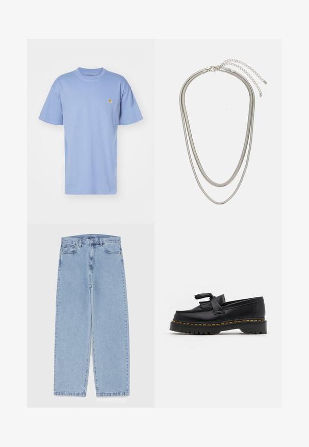 Pale blue medvilninis marškinėliai su apvaliu kaklu ir trumpomis rankovėmis. Kairėje krūtinės pusėje yra mažas geltonas logotipas. Minkšta tekstūra, įprastas kirpimas.; Šviesiai mėlyni džinsai su tiesiomis kojomis, turintys vidutinio aukščio juosmenį, penkias kišenes ir mygtuko bei užtrauktuko uždarymą.; Juodas odinis loaferis su kutais, turintis masyvų juodą pado ir geltonus siūlus palei kraštą. Textūruota danga.; Trijų sluoksnių sidabrinė metalinė apyrankė, kuri pasižymi stilingomis, lankstosiomis grandinėlėmis su švelniu blizgesiu, užsegama krabų užsegimu ir reguliuojama grandinė.