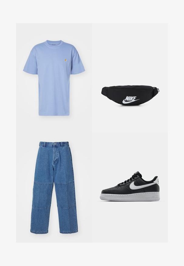 Heledsinine puuvillane t-särk ümmarguse kaeluse ja lühikeste varrukatega. Esiküljel on väike kollane logo vasakul rinnal. Pehme tekstuur, tavaline lõike.; Heledad sinine teksapükste lõdva lõikega, millel on kaks erinevat kangapaneeli, eesnuppudega sulgemine ja laiad sääred.; Must musta sneaker tekstureeritud pinnaga, valge Nike logo, hall tald, ümar varv ja paeltega disain. Omab perforatsioone varbakasti peal.; Must must sisaldav must nailonist vöötasku, millel on lukuga sulgemine ja suur valge Nike logo. Sile tekstuur ja ergonoomiline disain mugavaks kandmiseks.