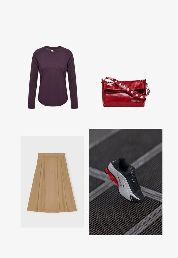 Lila Langarmoberteil mit rundem Ausschnitt, Mesh-Details und abgerundetem Saum. Mit Logo auf der Brust und glatter Textur.; Knielanger, plissierter Rock aus hellbrauner Baumwolle mit einem taillierten Bund und Gürtelschlaufen sowie einem geraden Saum.; Schwarzer und grauer Sportschuh mit roter gepolsterter Sohle, schwarzen Schnürsenkeln und Swoosh-Logo, das auf einer Metallgitteroberfläche ruht.; Rote synthetische Leder-Schultertasche mit einem Überklappdeckel, silbernen Druckknopfakzenten am Riemen und einem bedruckten "Desigual"-Logo.