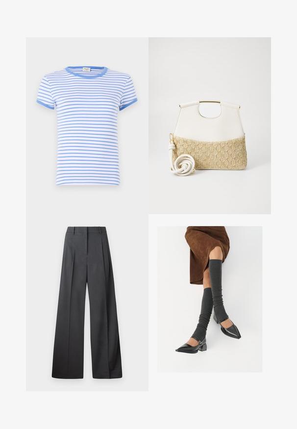 T-skjorte med kort erm i hvit med smale blå striper. Ribbet blå krage og mansjetter; myk bomullsstoff og standard passform.; Vide bukser i mørkegrått stoff med høy livlinje, enkel press, og en glatt tekstur med en ren finish på ermekantene.; Sorte lakkpumps med spiss tå, blokkhel, og ankelstropp, kombinert med grå ribbestrikkede beinvarmere og et brunt semsket skinn skjørt.; Hvit lærveske med en teksturert kremfarget vevd bunn. Har en gullfarget håndtak og en spiralformet hvit stropp for allsidighet.